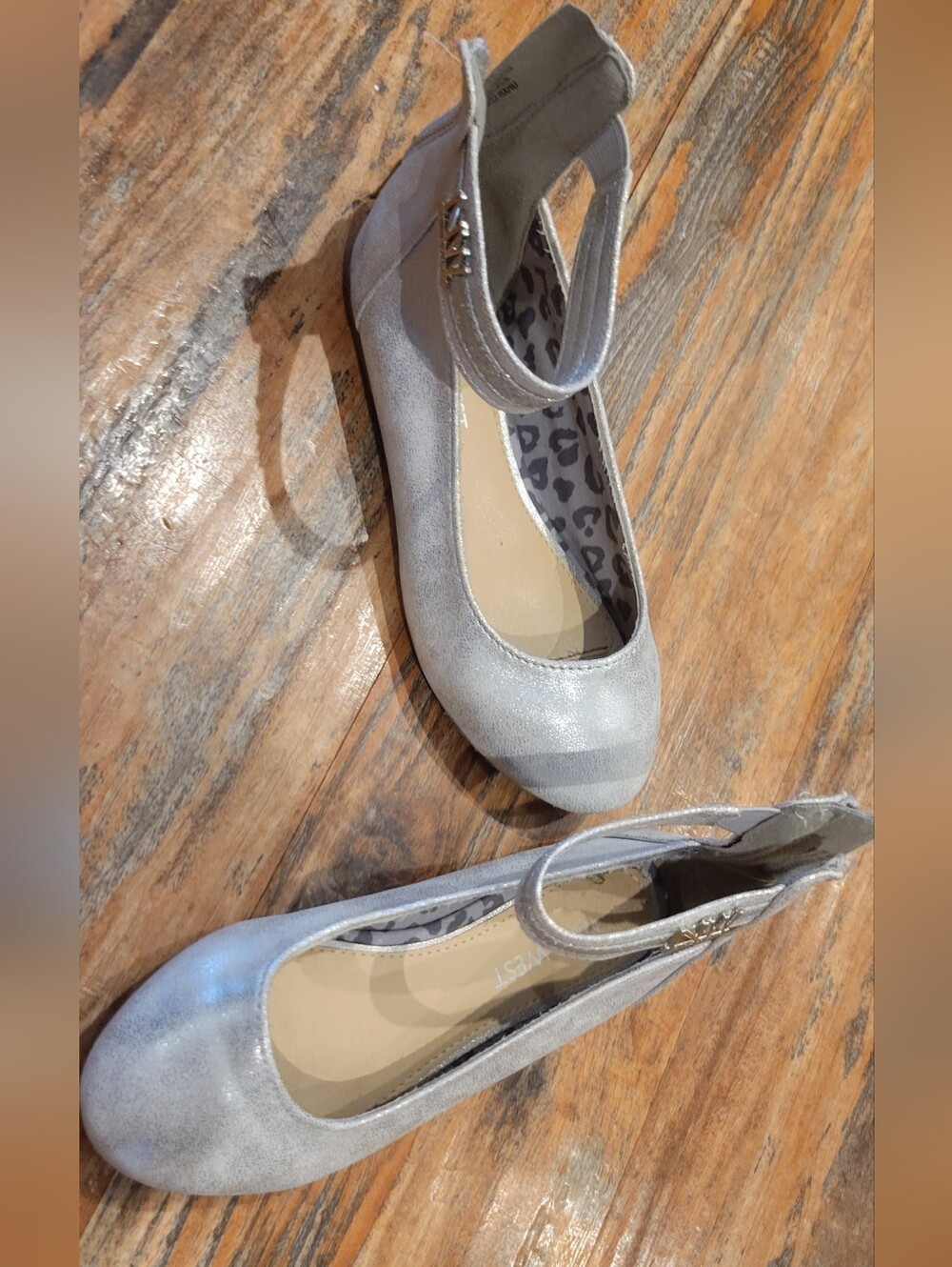 Nine West, Girls Ankle Strap Fina Faux Leather, Silver, Sz 12